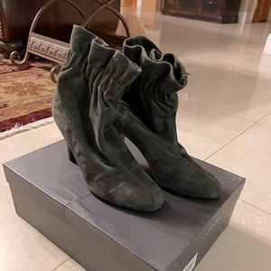 Tahari grey suede booties with ruffle.